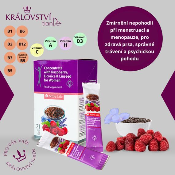 Koncentrát s malinovou šťavou, sladkým drievkom a ľanovým semienkom pre ženy